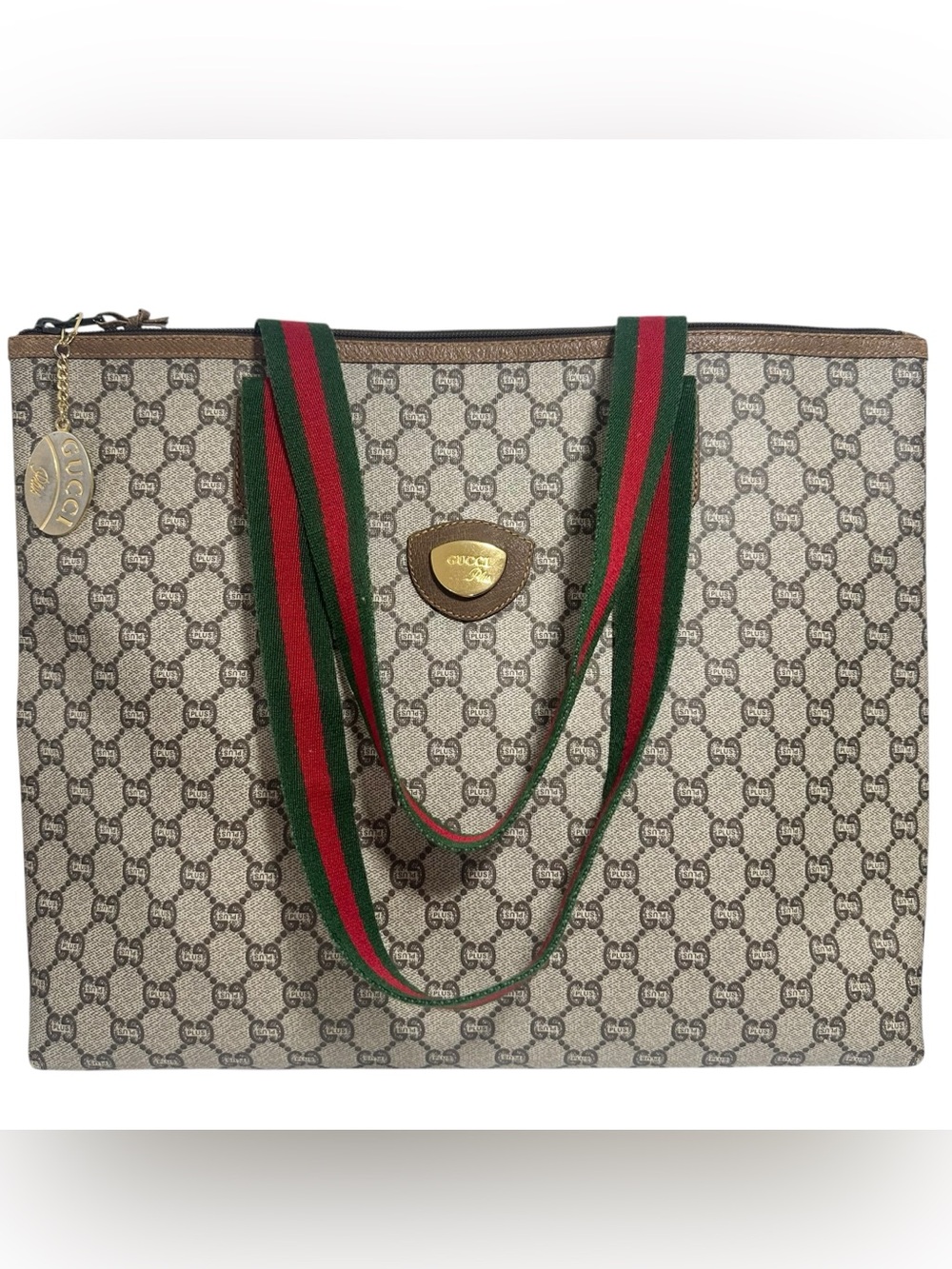 Gucci Plus GG Supreme Web Canvas & Green Red Sherry Line Zippered Tote Bag - Picture 3 of 16